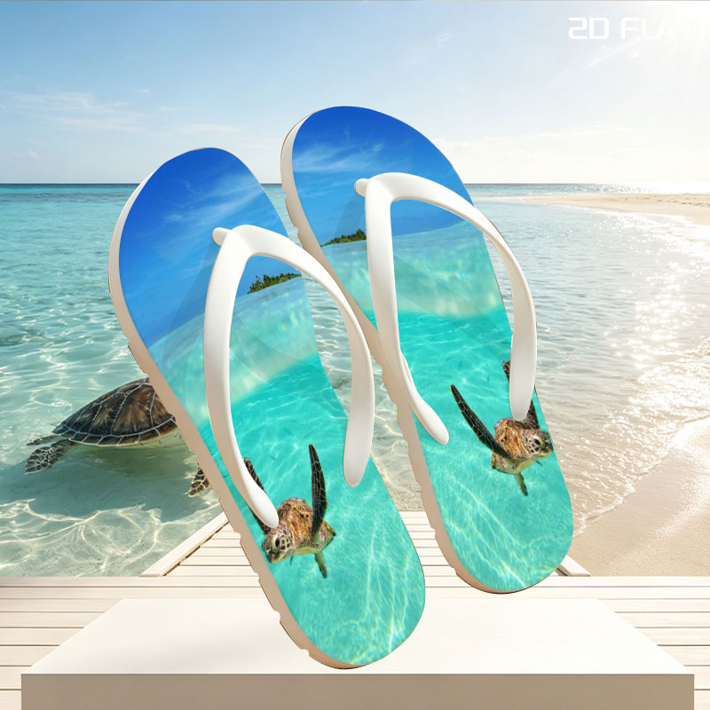 Sea turtle swims in crystal-clear turquoise waters near a tropical island. -  flip-flops