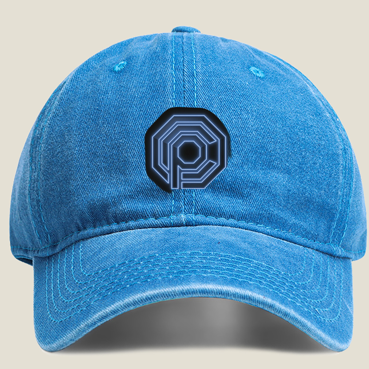 Neon Blue Octagonal Logo with Letter P - Washed Denim - Baseball Cap