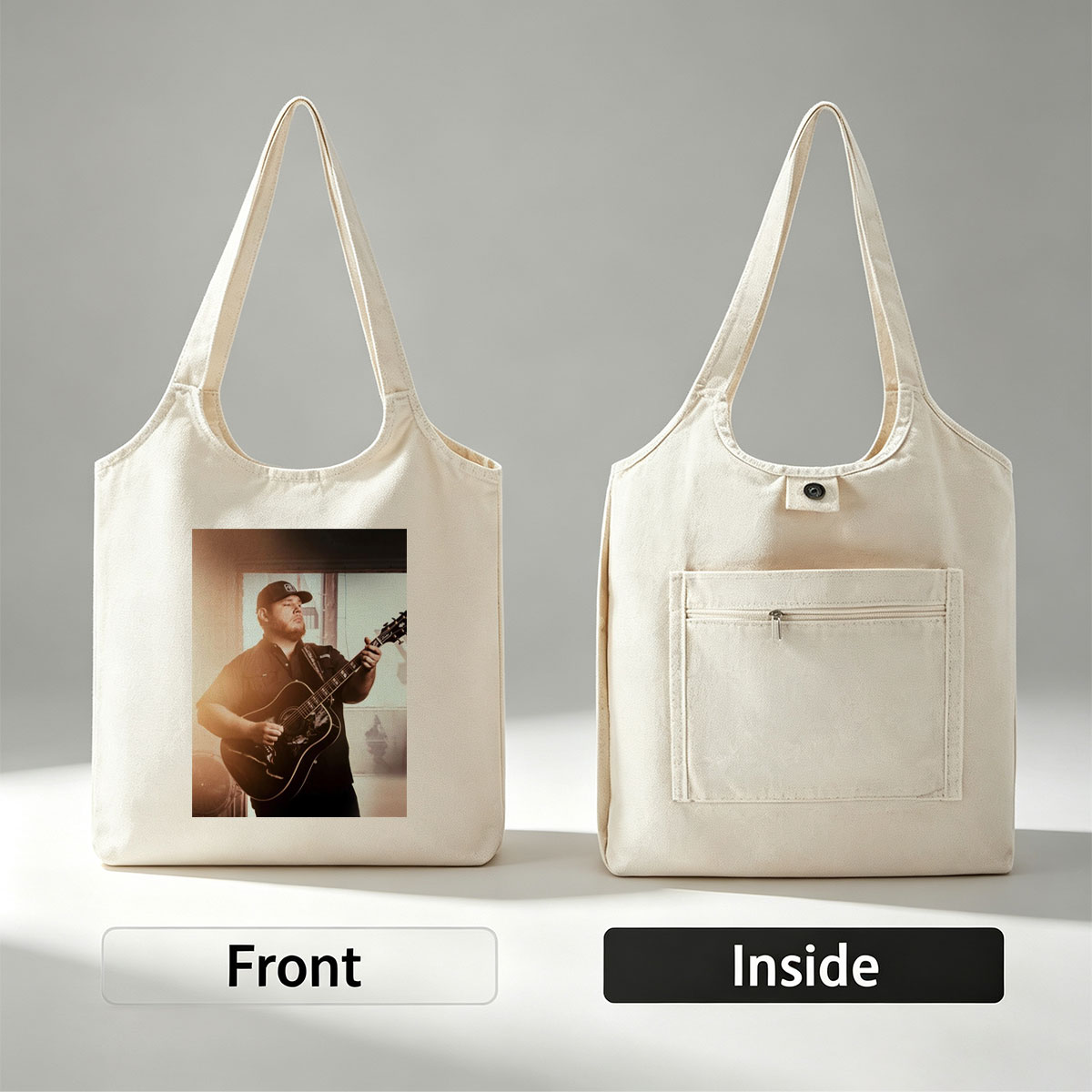 Luke Combs Playing Acoustic Guitar in a Sunlit Room - Canvas shoulder bags/
