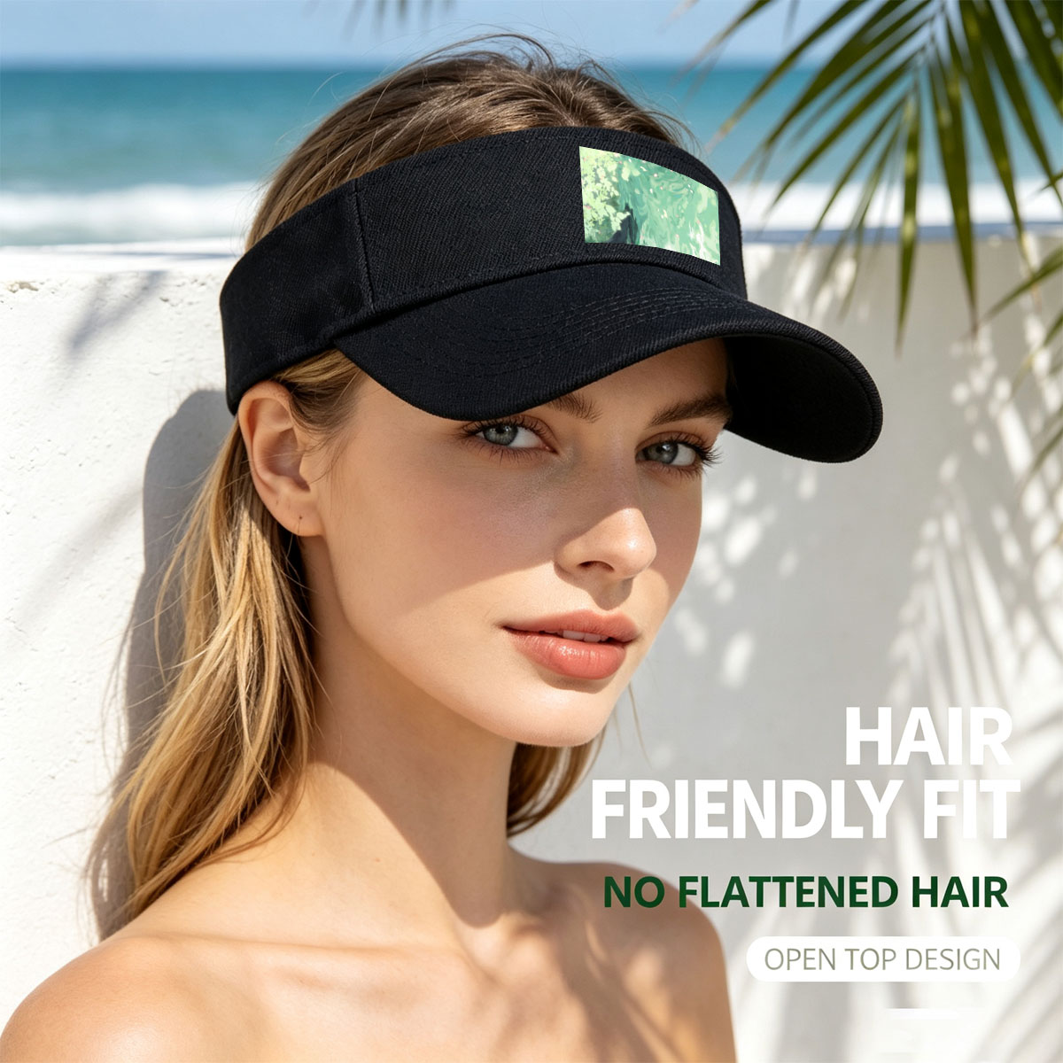 A woman floats gracefully in emerald waters, surrounded by blooming flowers and gentle ripples. -  Visor cap