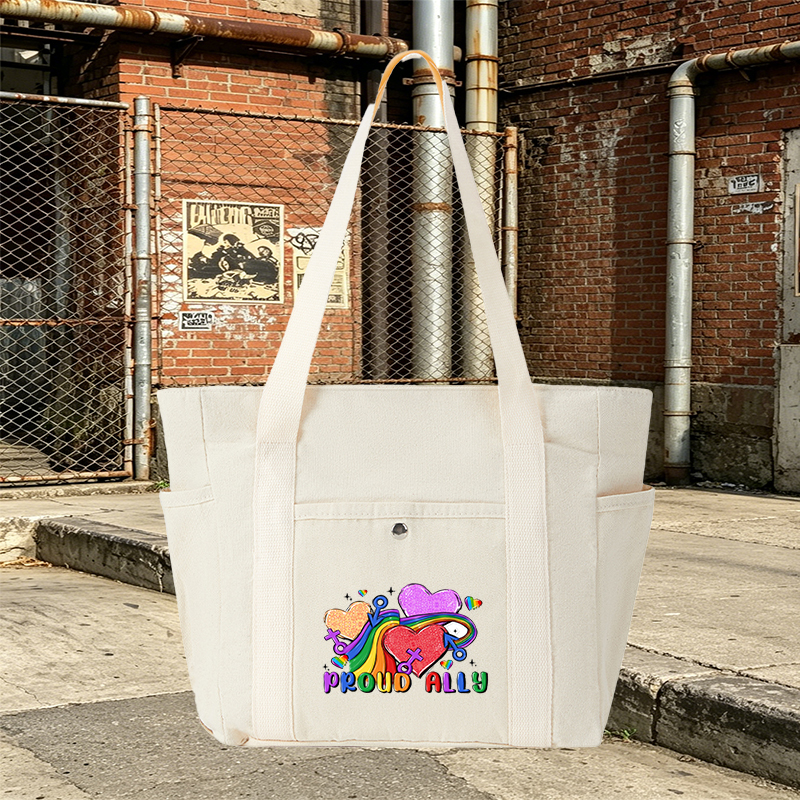 Multi Pocket Bag White with Rainbow Hearts and 