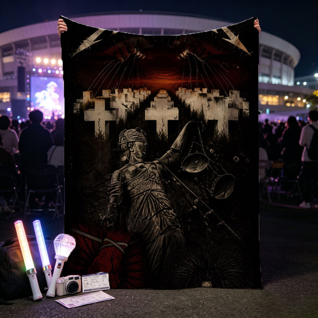 Metallica Cemetery Scene with Statue and Crosses in Dark Atmosphere - Blankets
