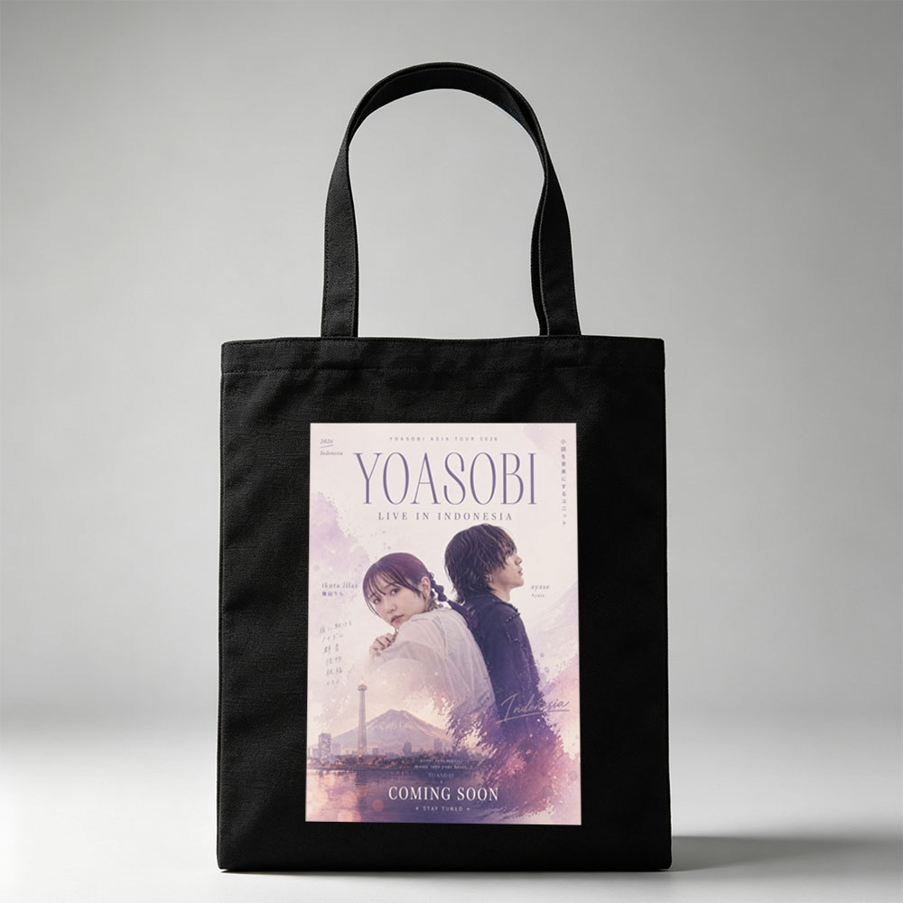 YOASOBI Live in Indonesia Concert Poster Featuring Ikuta Lilas and Ayase with Mount Fuji and Cityscape Background - Canvas tote bags