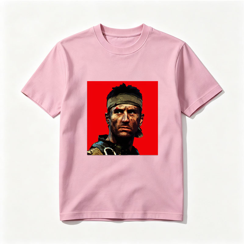 John McClane in Die Hard, intense action hero with headband and rugged look against red background - Tee