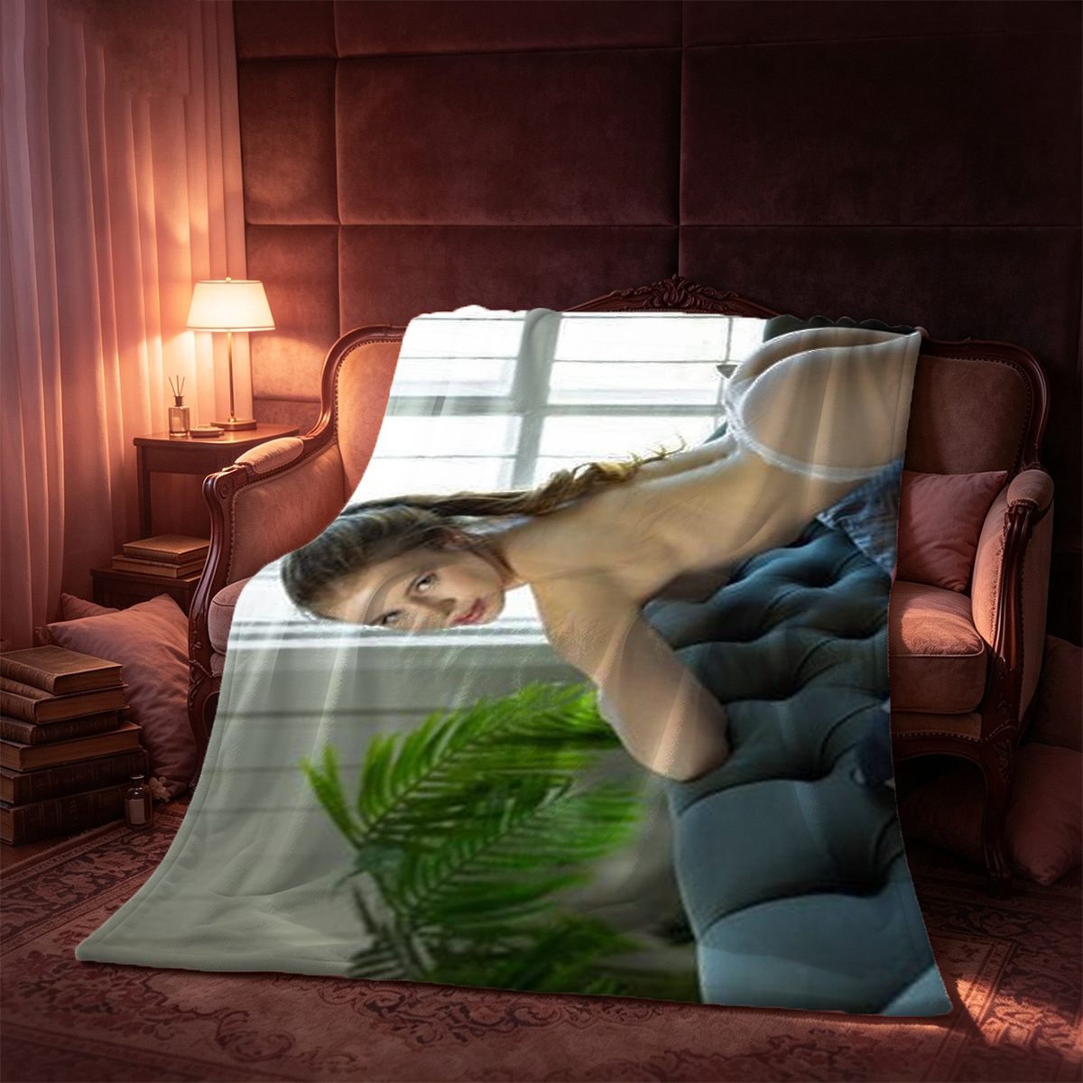 Nude Japanese model in pink lace panties with nipple pasties sitting on leather couch. - Blanket