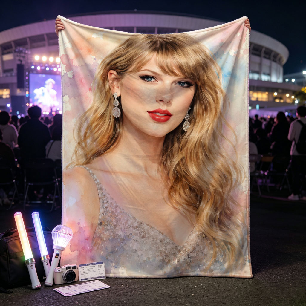 Taylor Swift in a Glamorous Portrait with Watercolor Background and Sparkling Dress - Blankets