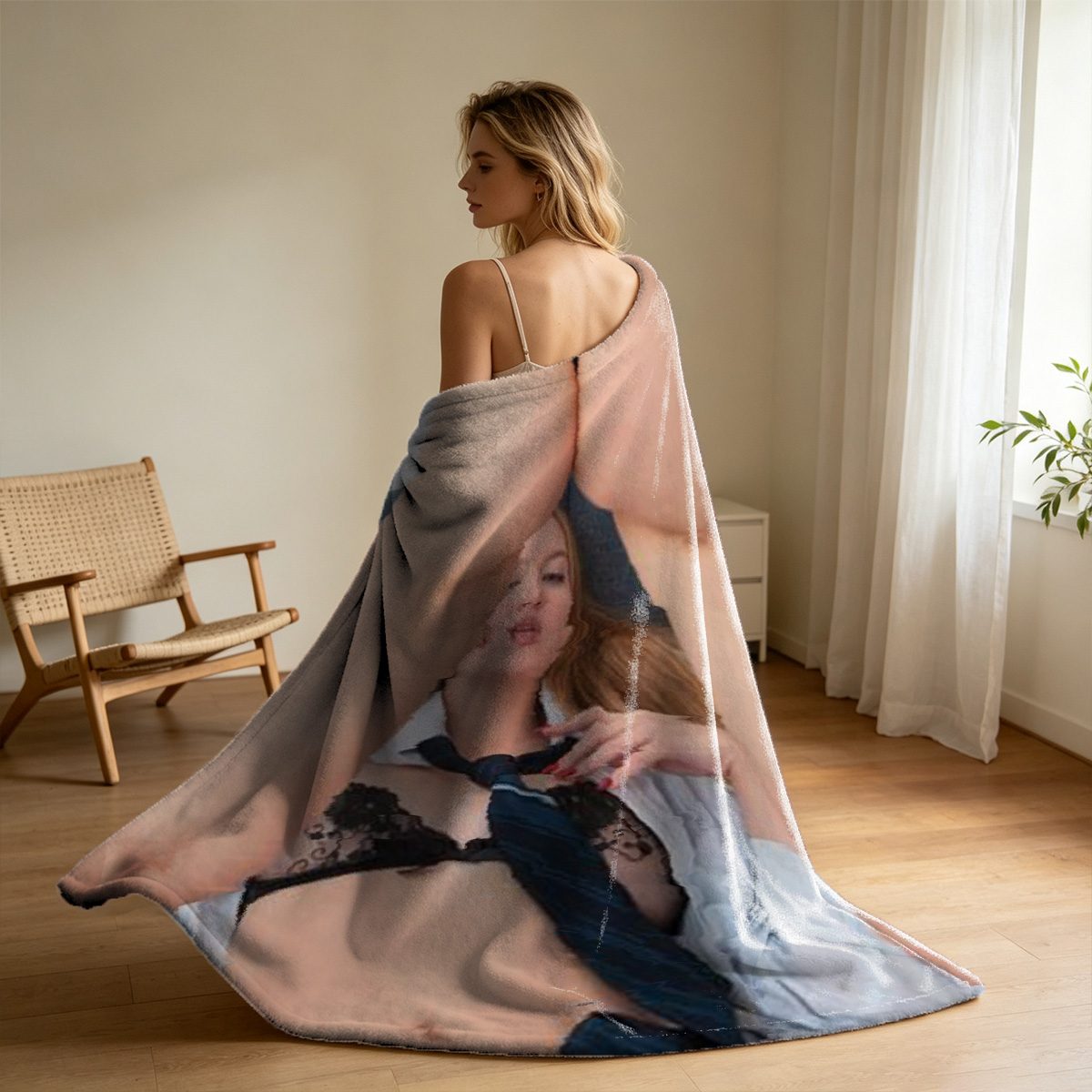 Topless Japanese Model in Unbuttoned Jeans Outdoor Portrait - Blanket