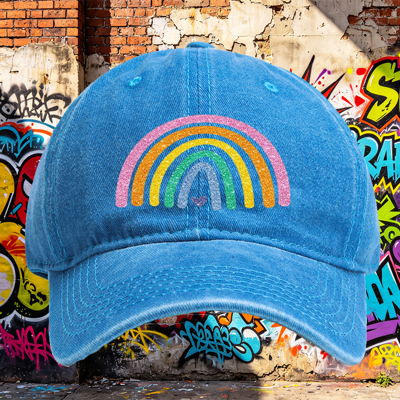 Unisex Classic Washed Cap with Glitter Rainbow Print and Heart Detail – Perfect for Casual Outings, Festivals, and Everyday Wear – Ideal for Youth and Adults Seeking Fun, Colorful Headwear