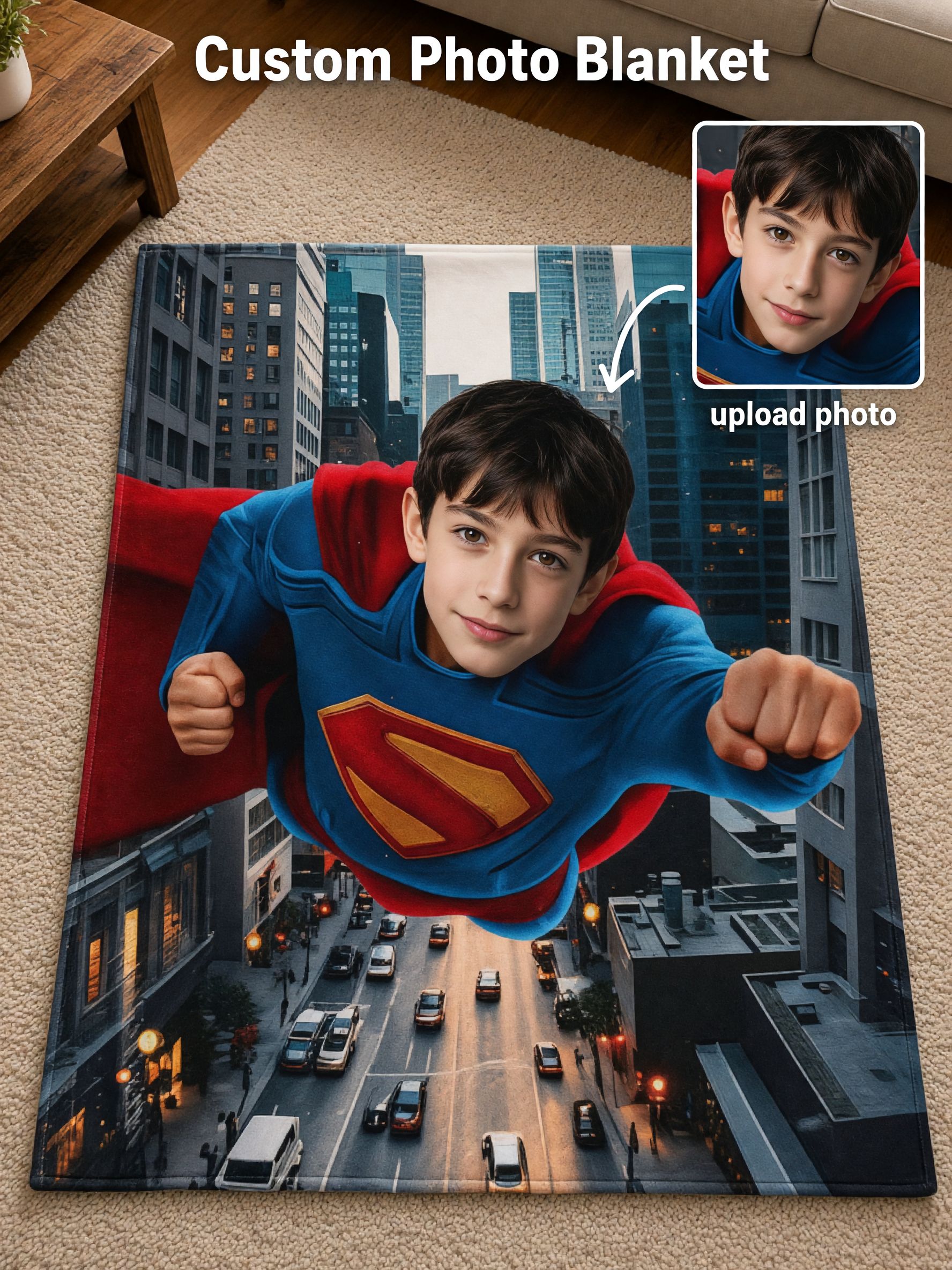 Custom Photo Face Superhero Blanket Personalized Soft Flannel Throw for Kids Bed Couch Traveling Keepsake Gift