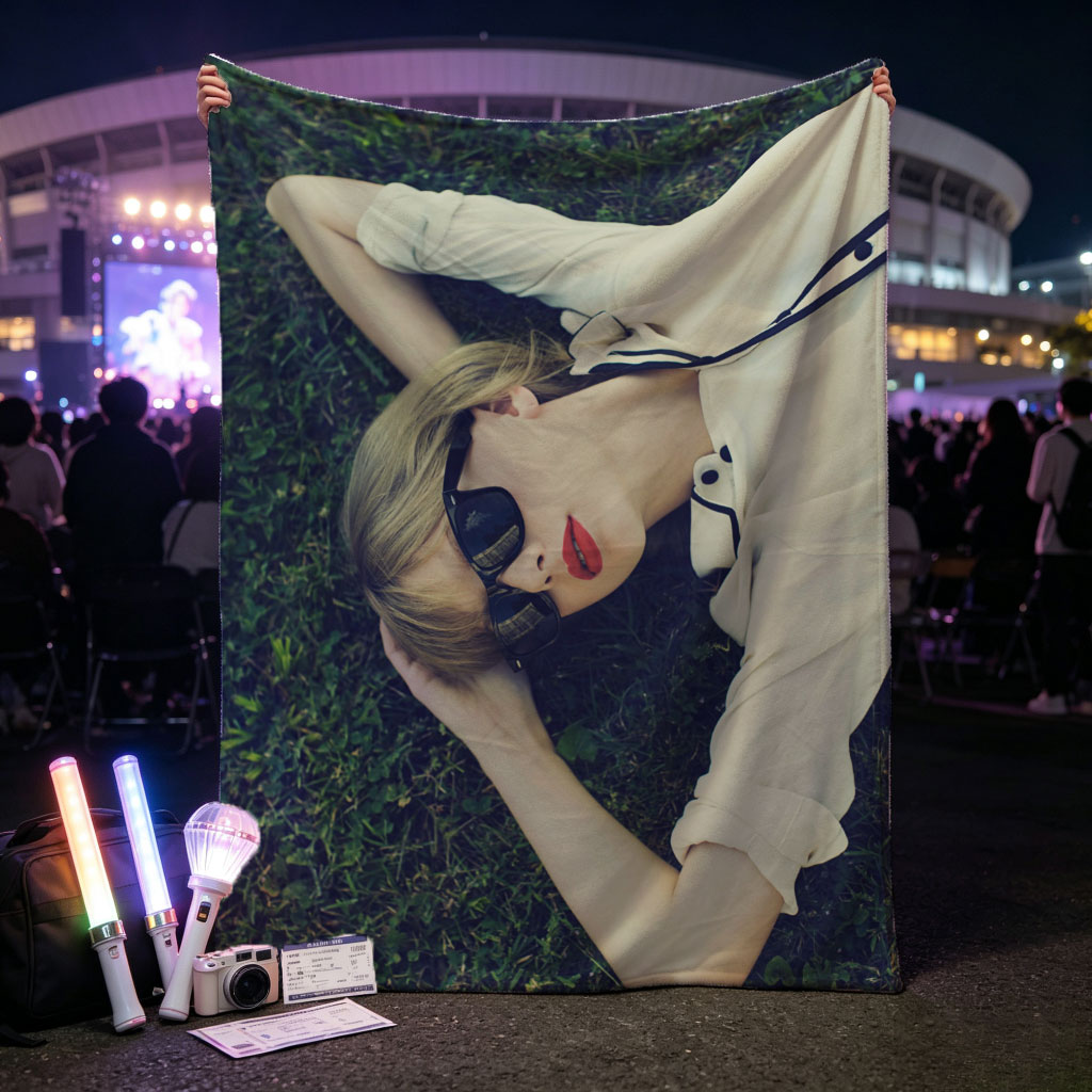 Taylor Swift Lying on Grass Wearing Sunglasses and Red Lipstick - Blankets