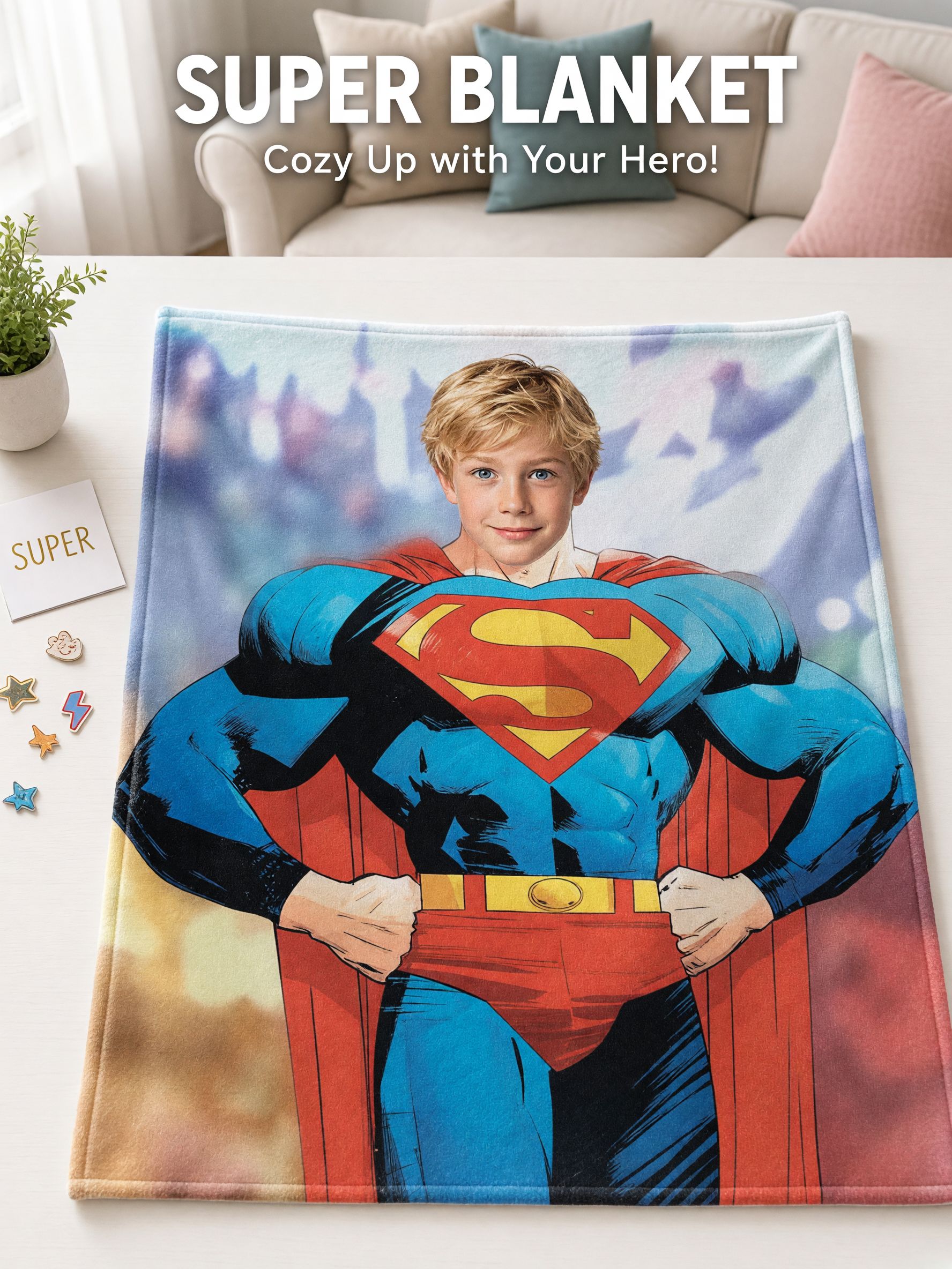 Custom Photo Superhero Flannel Blanket, Personalized Face Plush Throw, Cozy Warm Keepsake Gift for Kids and Family