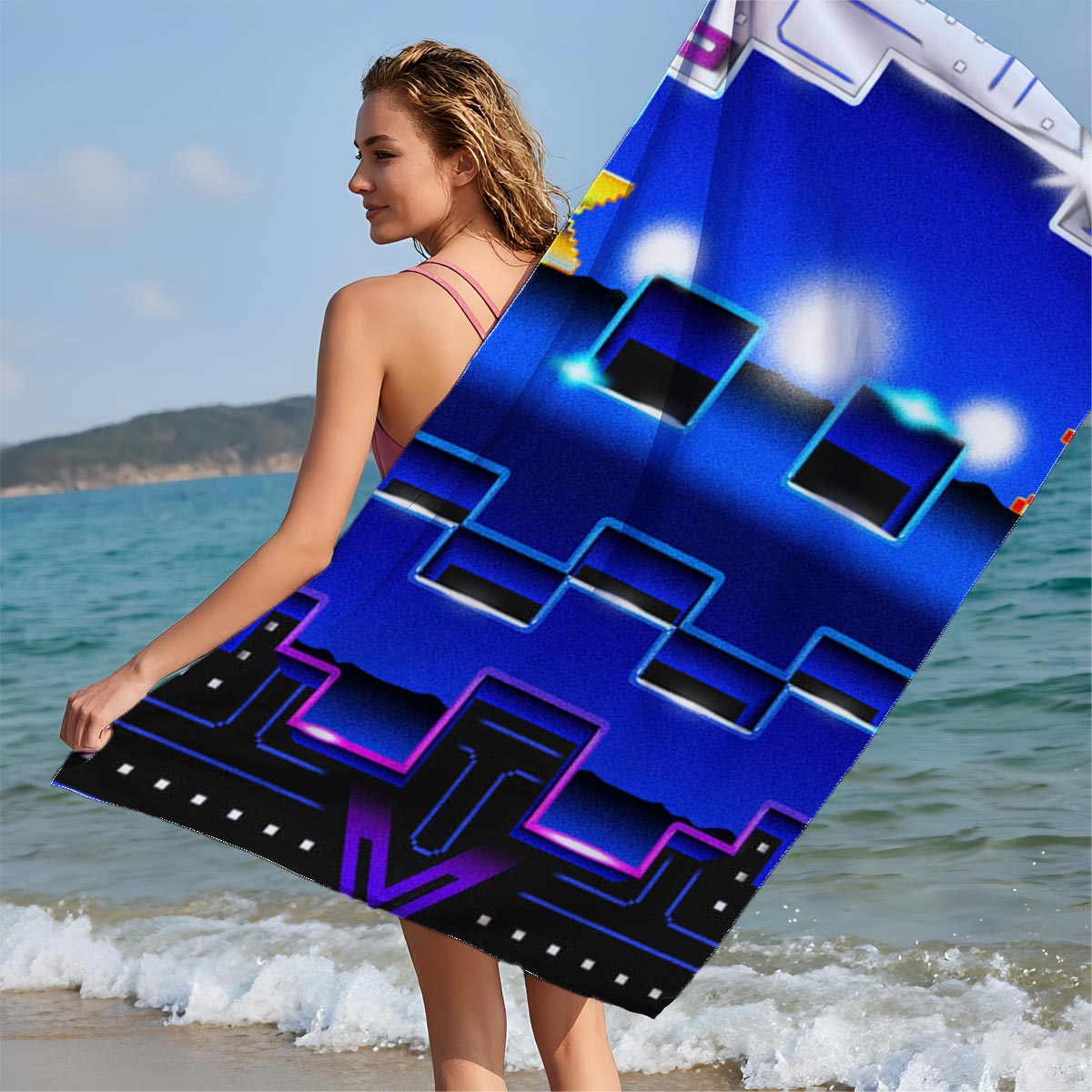 Pac-Man and Ghost in Neon Pixel Maze Adventure - Beach towels