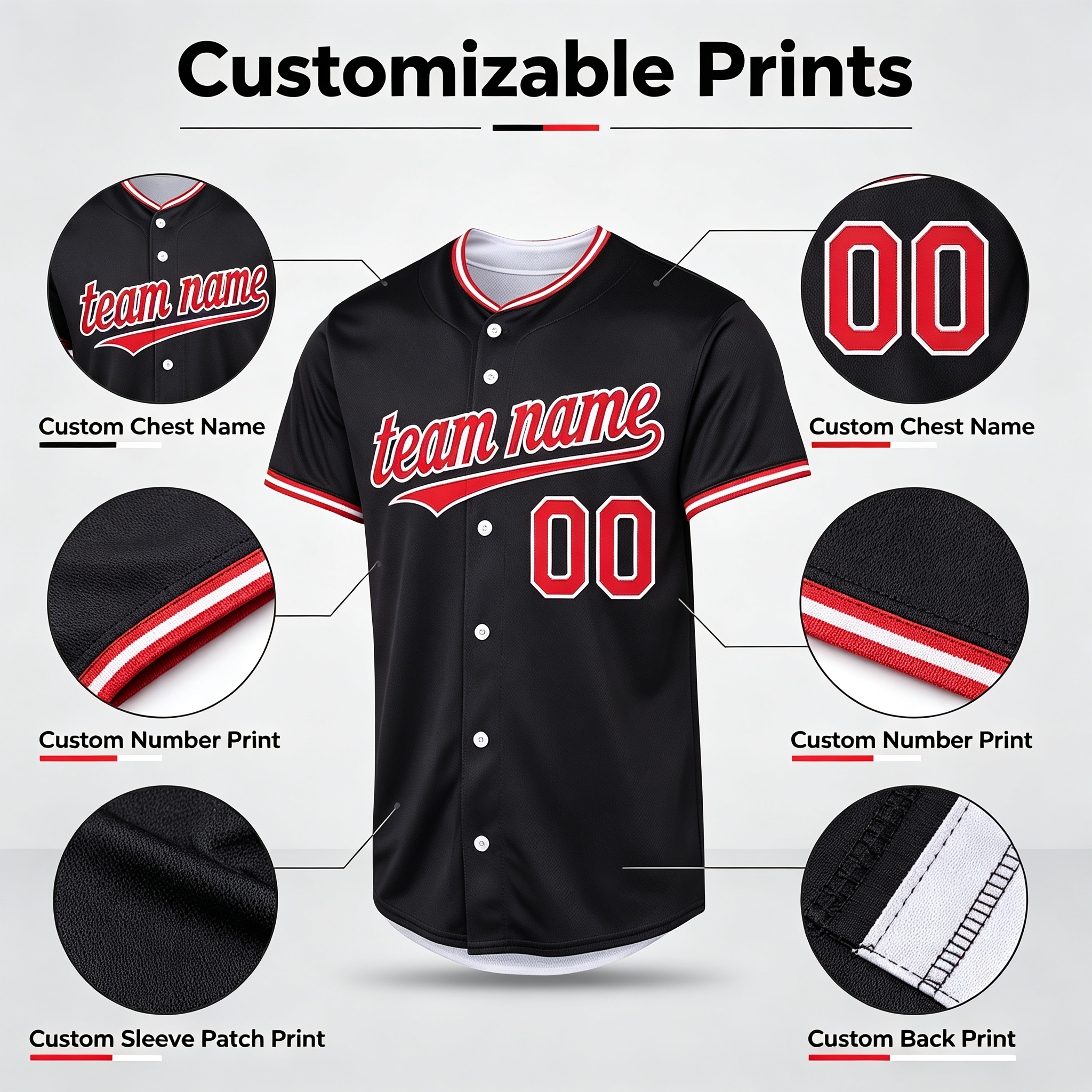 Custom Printed Cleveland Letter C Style Baseball Jersey Navy Blue Red Trim Button Down Shirt for Men and Women
