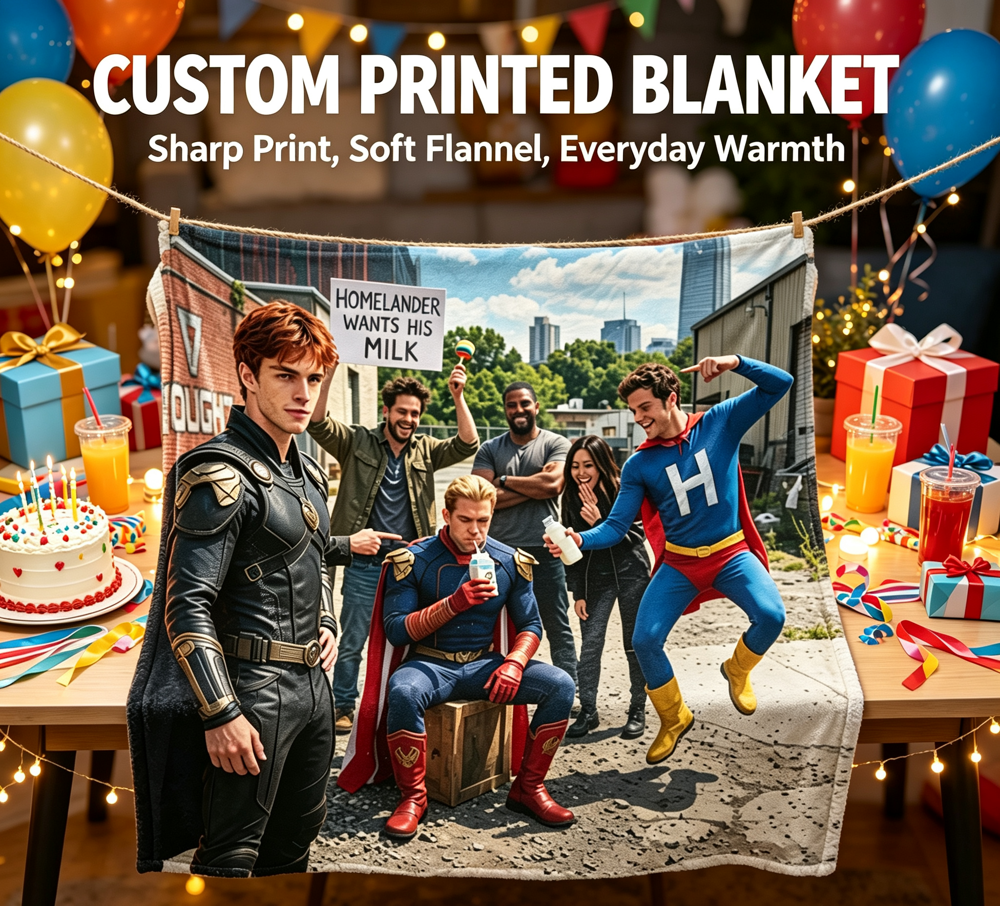 Custom Face Blanket The Boys Homelander and Superhero Team Flannel Blanket Perfect for Fans of the Series Ideal Gift or Giveaway for Comic Book Enthusiasts