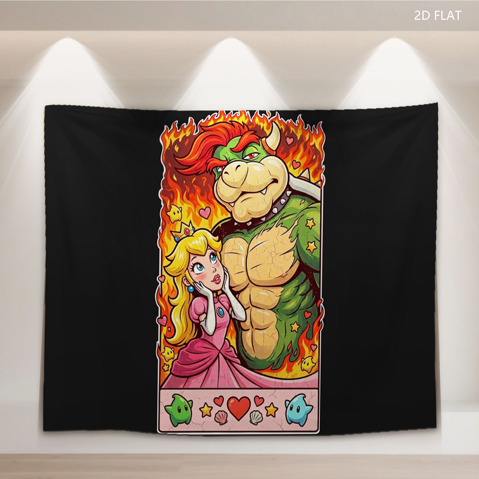 Bowser and Princess Peach in a fiery romantic scene, surrounded by hearts, stars, and mushrooms. - Tapestry