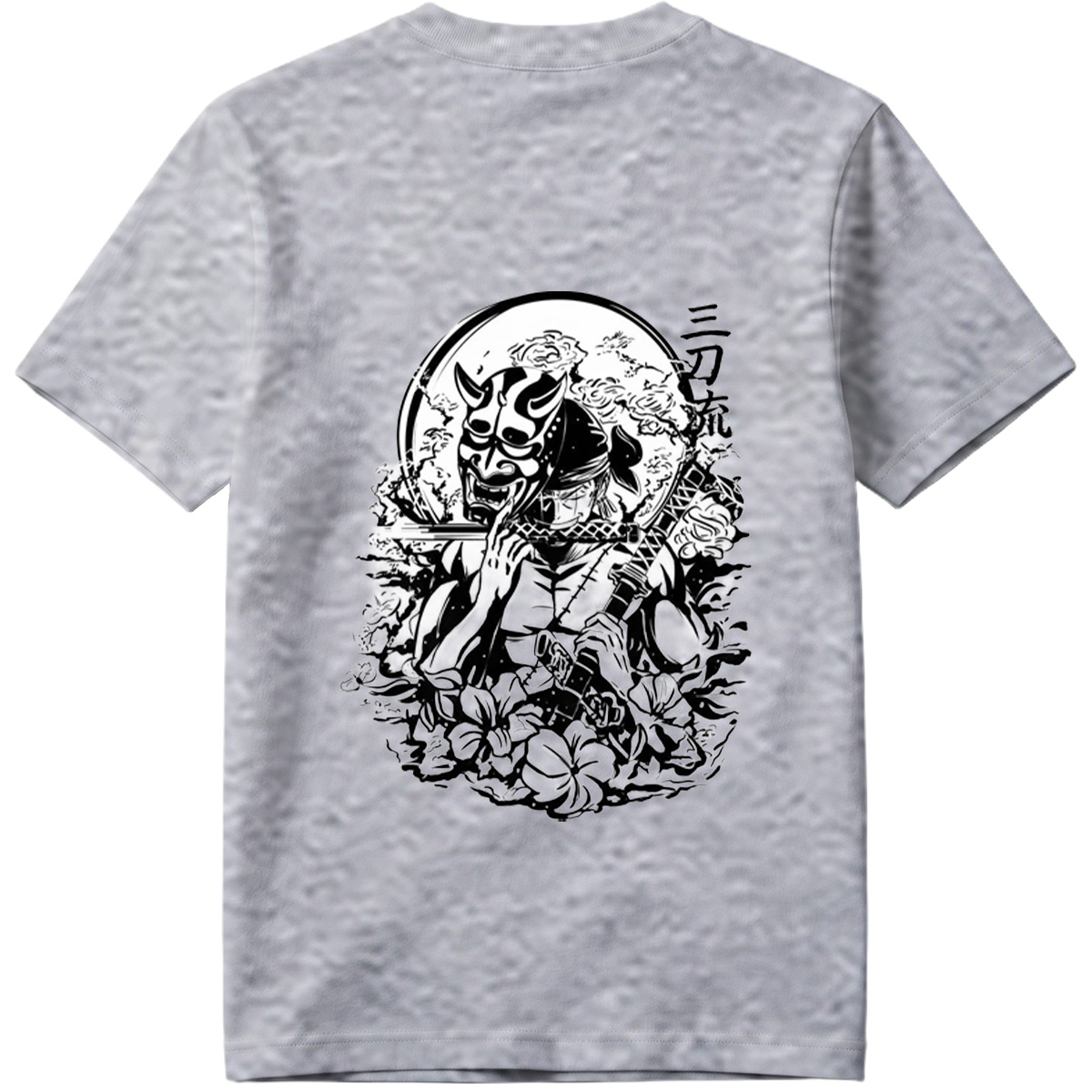 Samurai with Oni Mask and Katana in Floral Scene - Tee