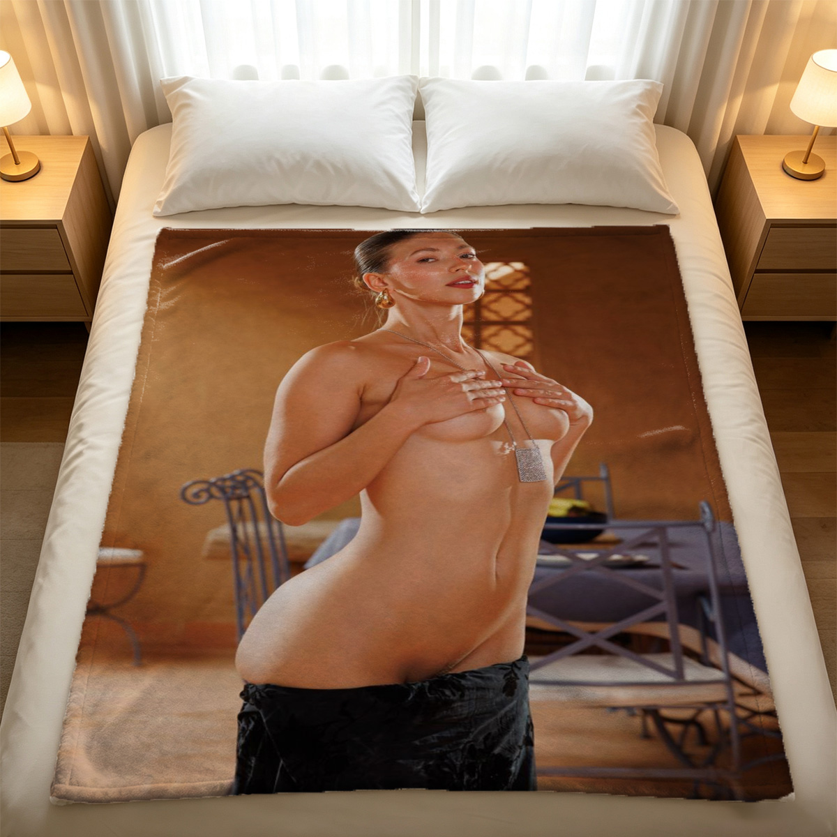 A topless Chinese beauty in turquoise lace lingerie and torn black pantyhose, posing seductively with a black coat draped over her shoulders. - Blanket