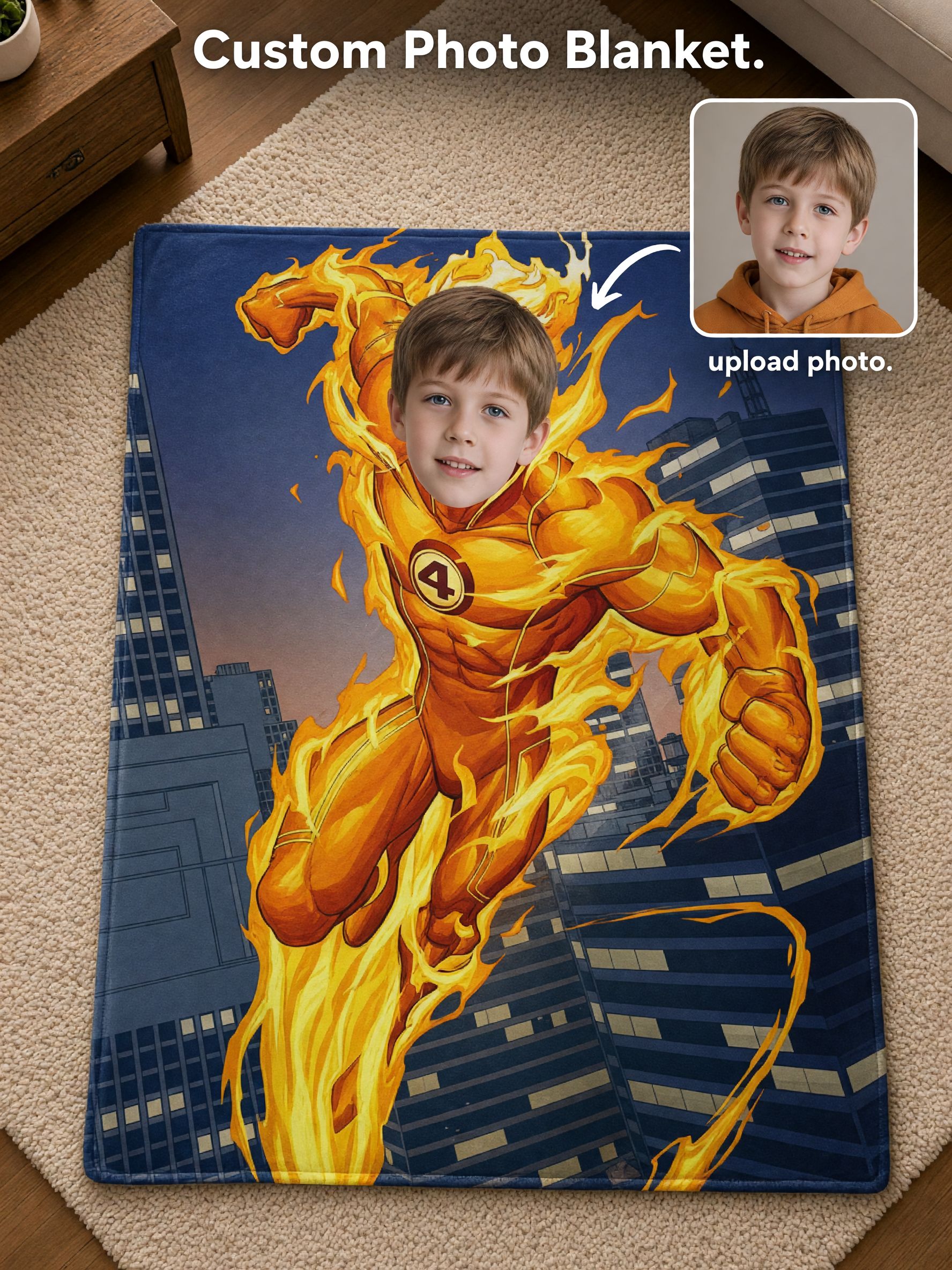 Custom Photo Superhero Flannel Fleece Blanket, Personalized Face Throw for Bed and Sofa, Cozy Warm Keepsake Gift for