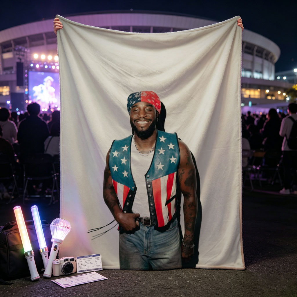 T-Pain in Patriotic Vest and Bandana, Standing Confidently Against a Plain Background - Blankets