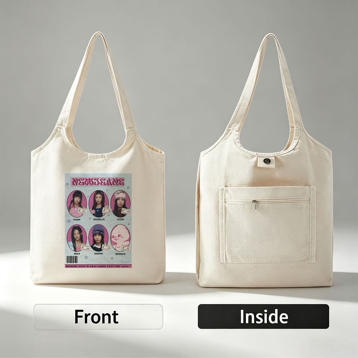 NEWJEANS Members in Pink-Themed Portrait Collage with Price Tags and Cartoon Character - Canvas shoulder bags/