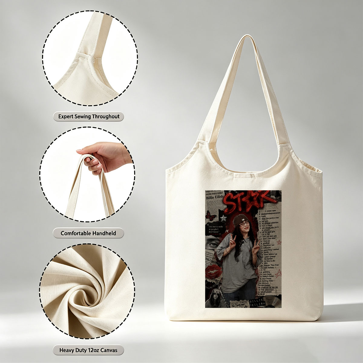 Billie Eilish Fan Art Collage Featuring a Person in a Beanie Making Peace Signs with Lyrics and Quotes - Canvas shoulder bags/
