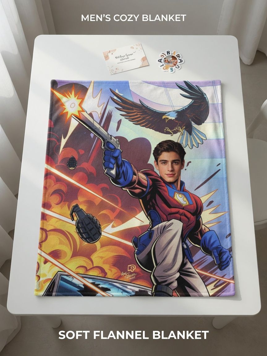 Custom Face Superhero Flannel Blanket, Personalized Photo Comic Book Throw for Sofa Bed, Cozy Gift for Family Friends