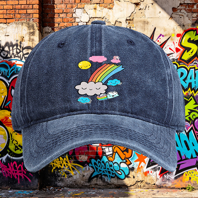 Unisex Classic Washed Cotton Hat with Rainbow Clouds and Sparkle Sun Print - Perfect for Outdoor Activities, Casual Wear, and Festival Outfits - Ideal for Teenagers and Young Adults Seeking Fun, Trendy Headwear
