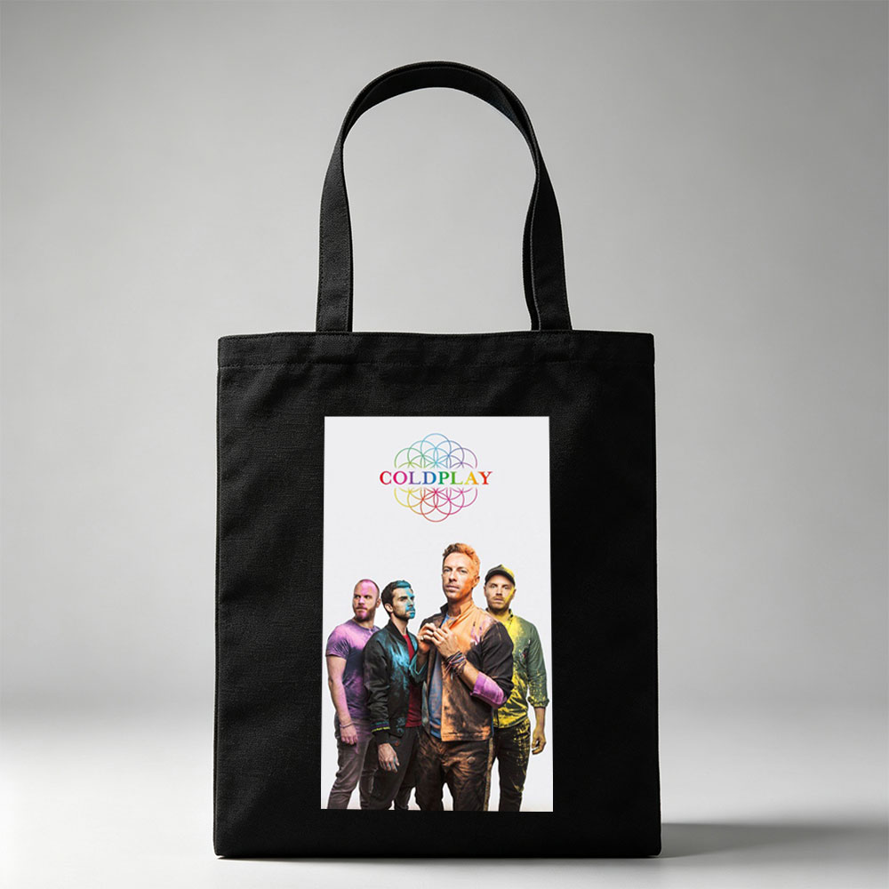 Coldplay Band Members in Colorful Painted Outfits Standing Together with Rainbow Logo Above - Canvas tote bags