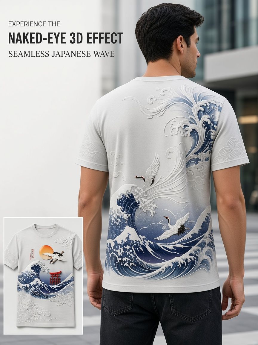 Japanese Wave Crane 3D Optical Illusion Graphic Tee, Breathable Athletic Mesh T-Shirt for Casual and Sports Wear