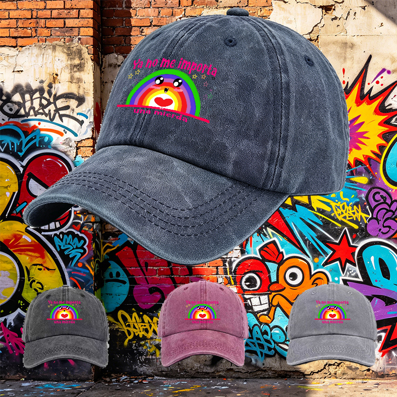 Men's Printed Washed Cap with Rainbow Face and 