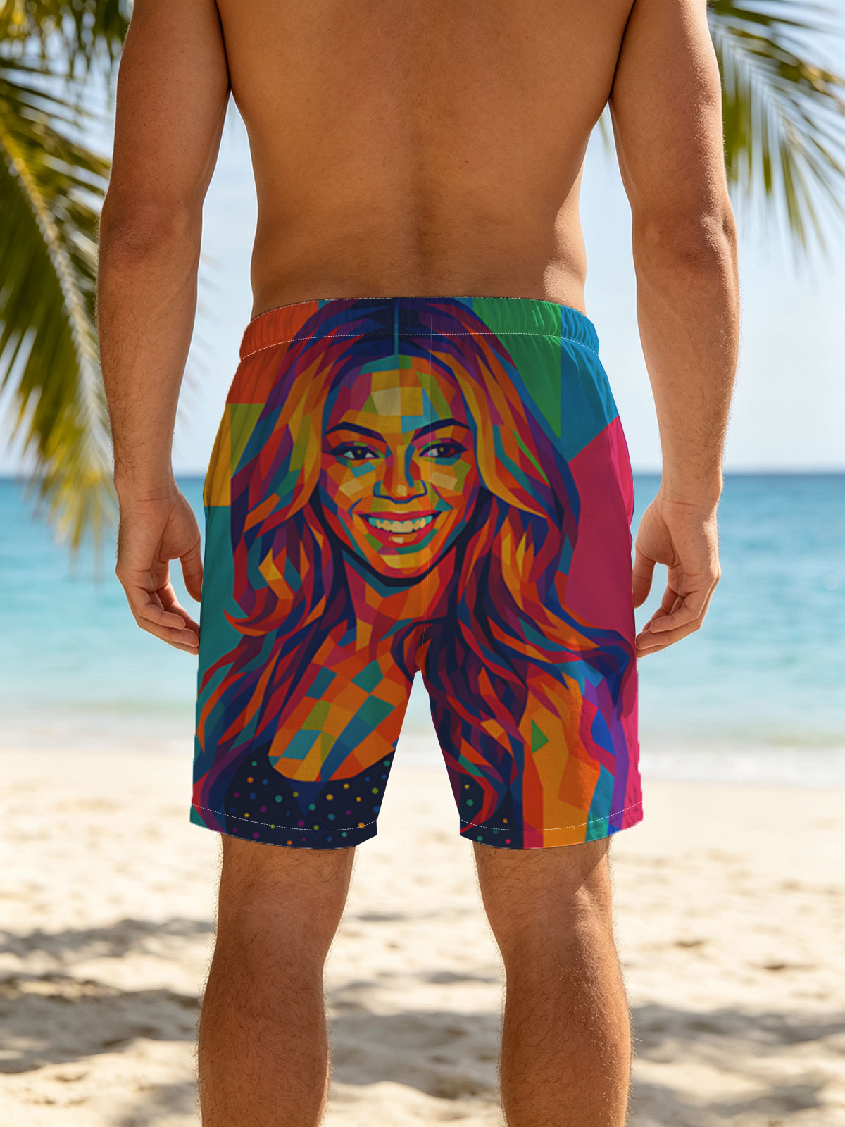 Colorful Portrait of a Smiling Woman with Vibrant Geometric Patterns -  Beach shorts