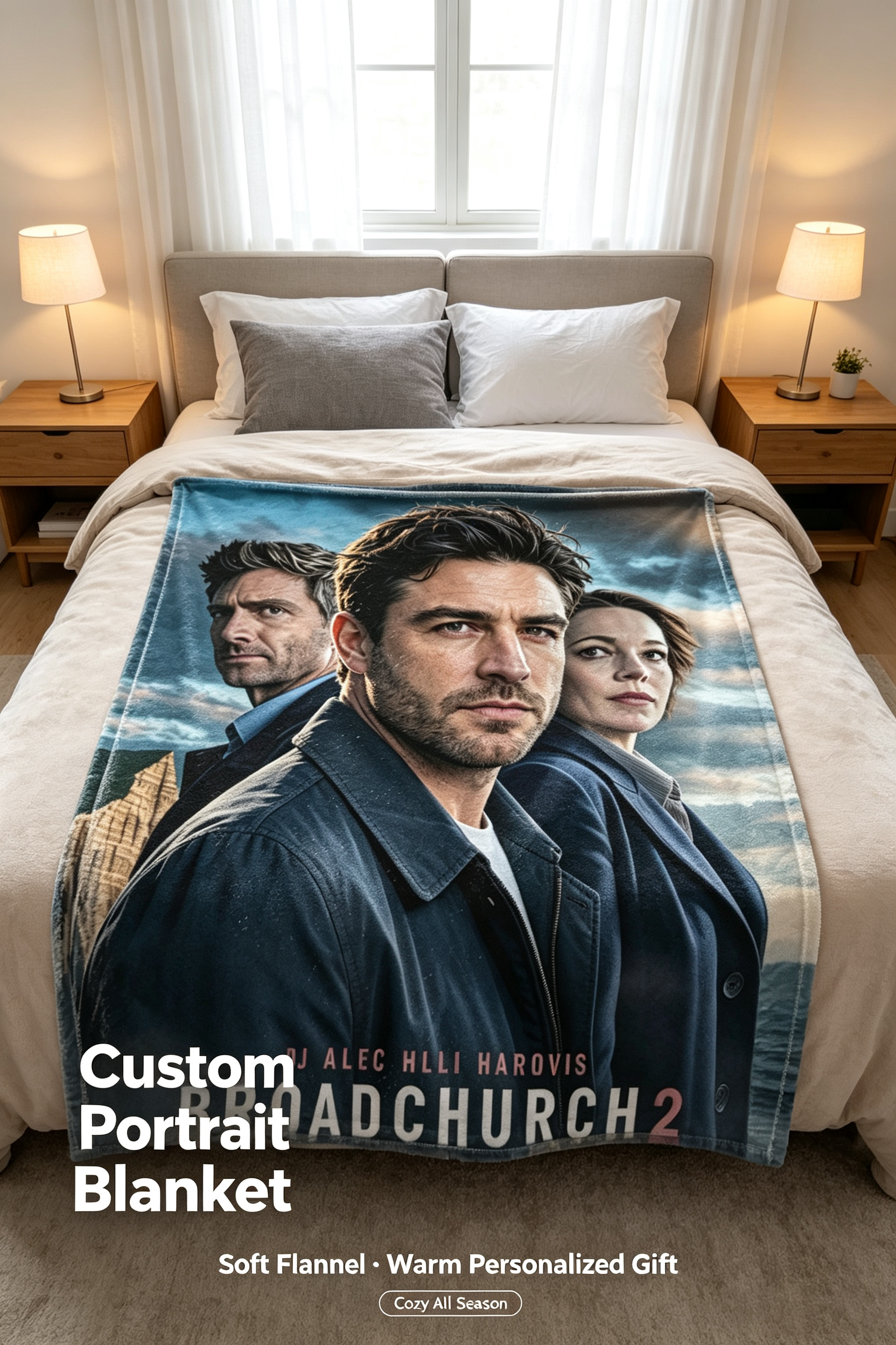 Custom Face Blanket Broadchurch 2 Flannel Blanket for Cozy Nights at Home or Office – Perfect Gift for Fans of DI Alec Hardy and Ellie Miller TV Series Drama Lovers