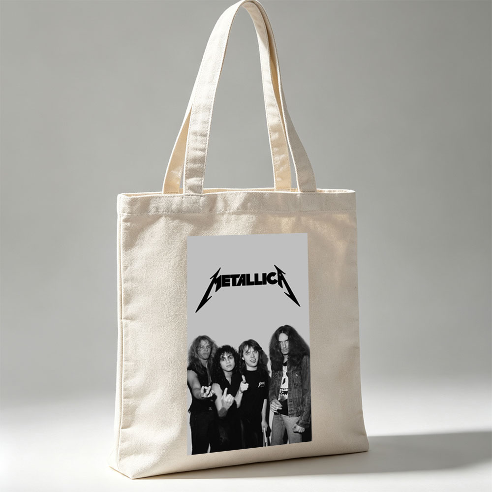 Metallica Band Members in Classic Black and White Portrait with Iconic Logo - Canvas tote bags