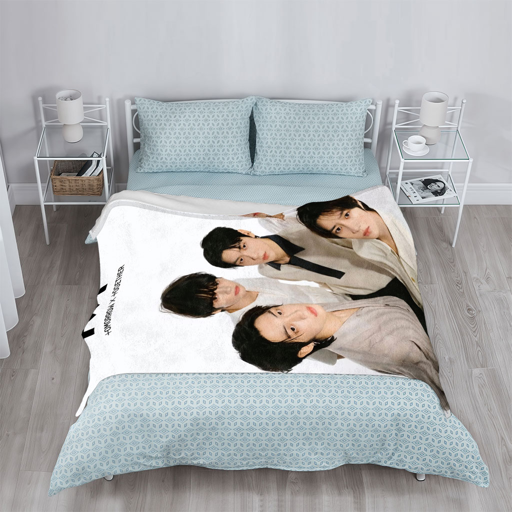 Tomorrow X Together Group Portrait in Minimalist White Outfits on Clean Background - Blankets