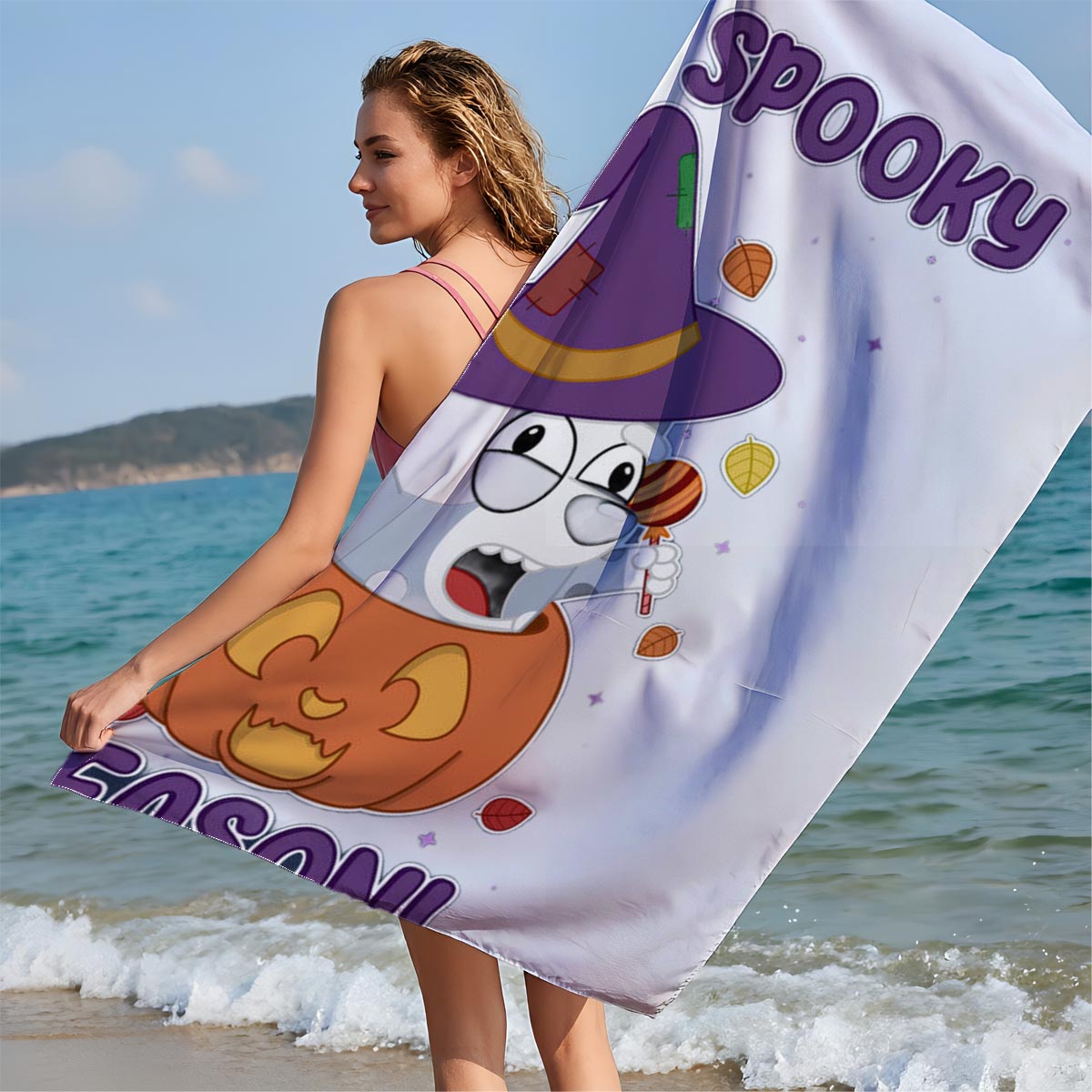 It's Spooky Season! Cartoon Dog in Witch Hat and Pumpkin - Beach towels