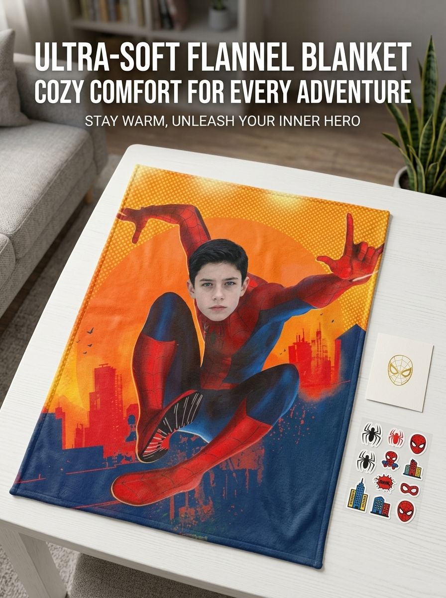 Custom Face Superhero Flannel Fleece Blanket Personalized Photo Plush Throw for Kids and Adults Cozy Gift Idea