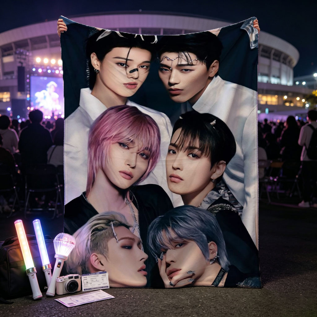 Stray Kids Group Portrait in Stylish Black and White Outfits with Bold Hair Colors and Fashion Accessories - Blankets