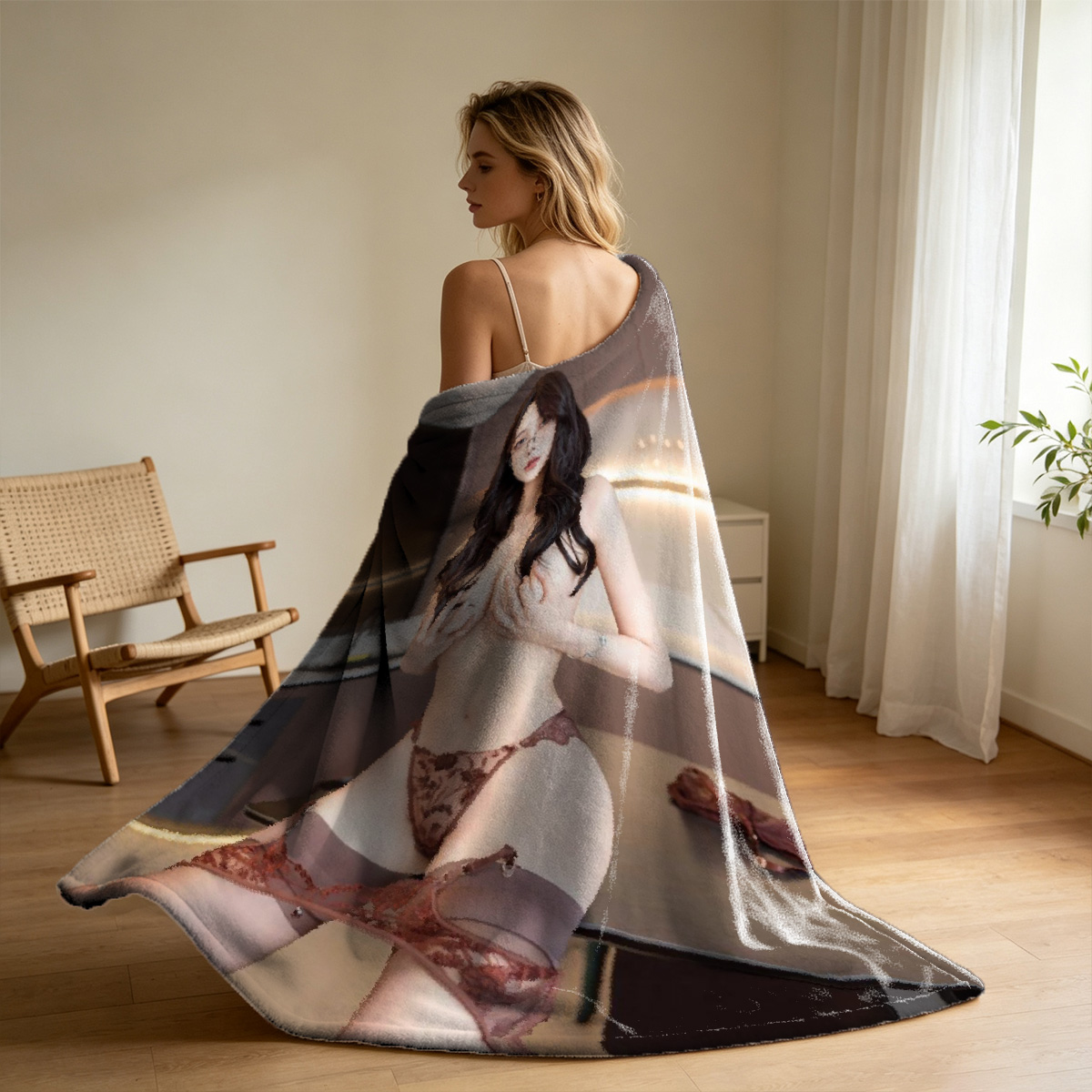 Two Japanese models in pink satin lingerie embracing intimately. - Blanket