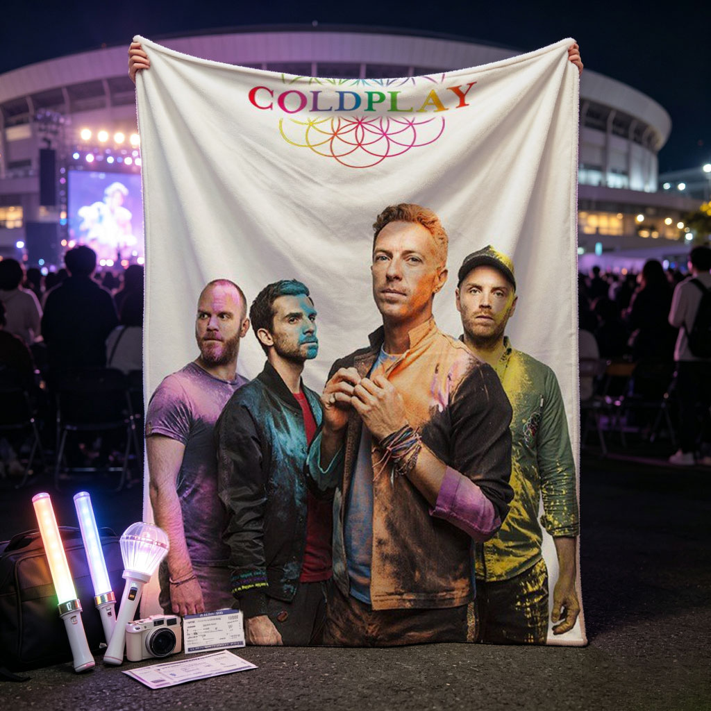 Coldplay Band Members in Colorful Painted Outfits Standing Together with Rainbow Logo Above - Blankets