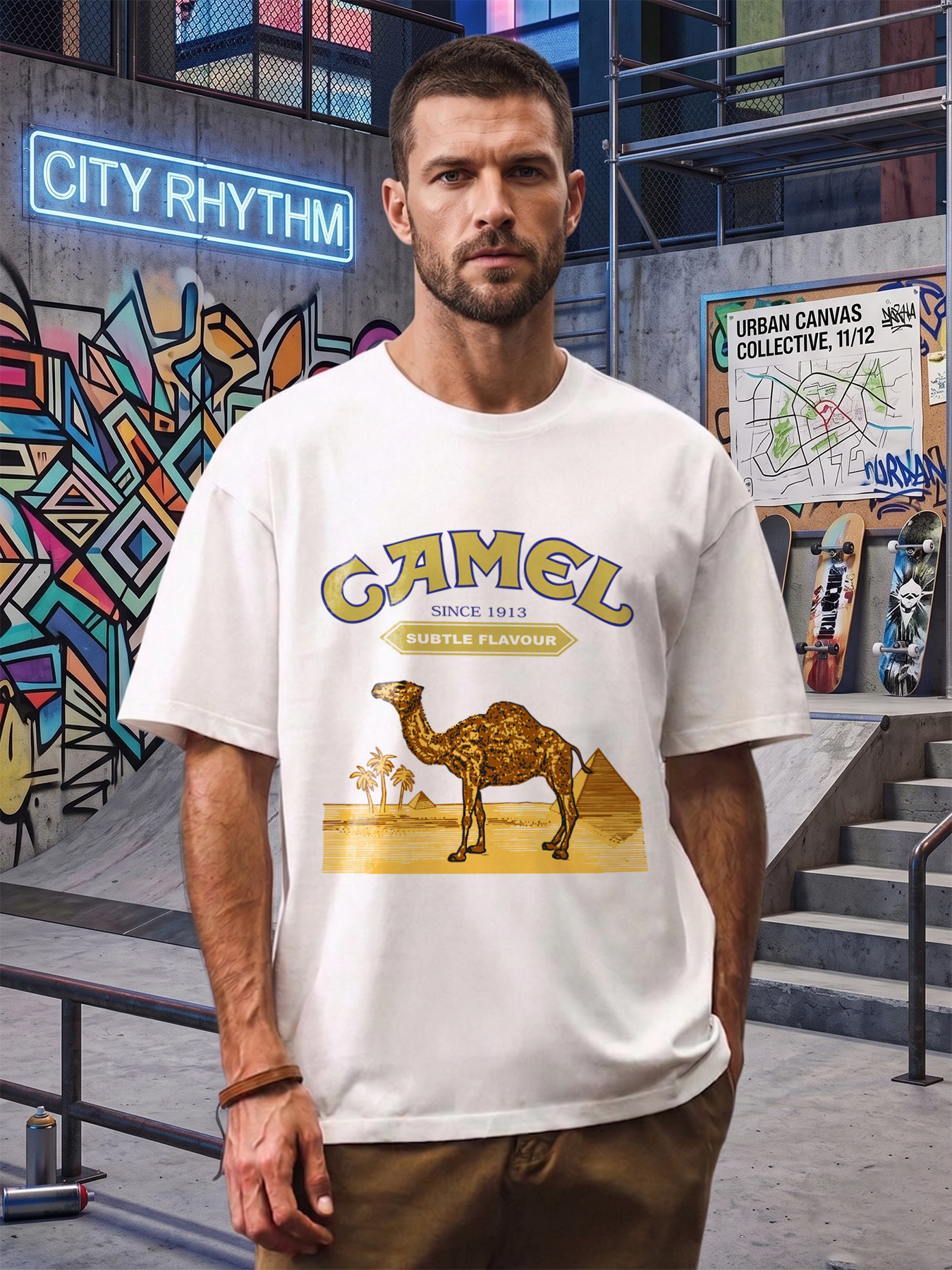 Men's Camel Print T-Shirt with Desert Scene and 