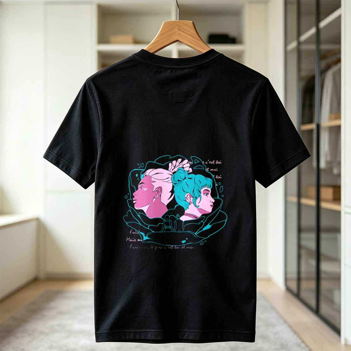 Two Women in Profile: A Stylized Artwork Featuring Pink and Teal Hair with French Text - Tee
