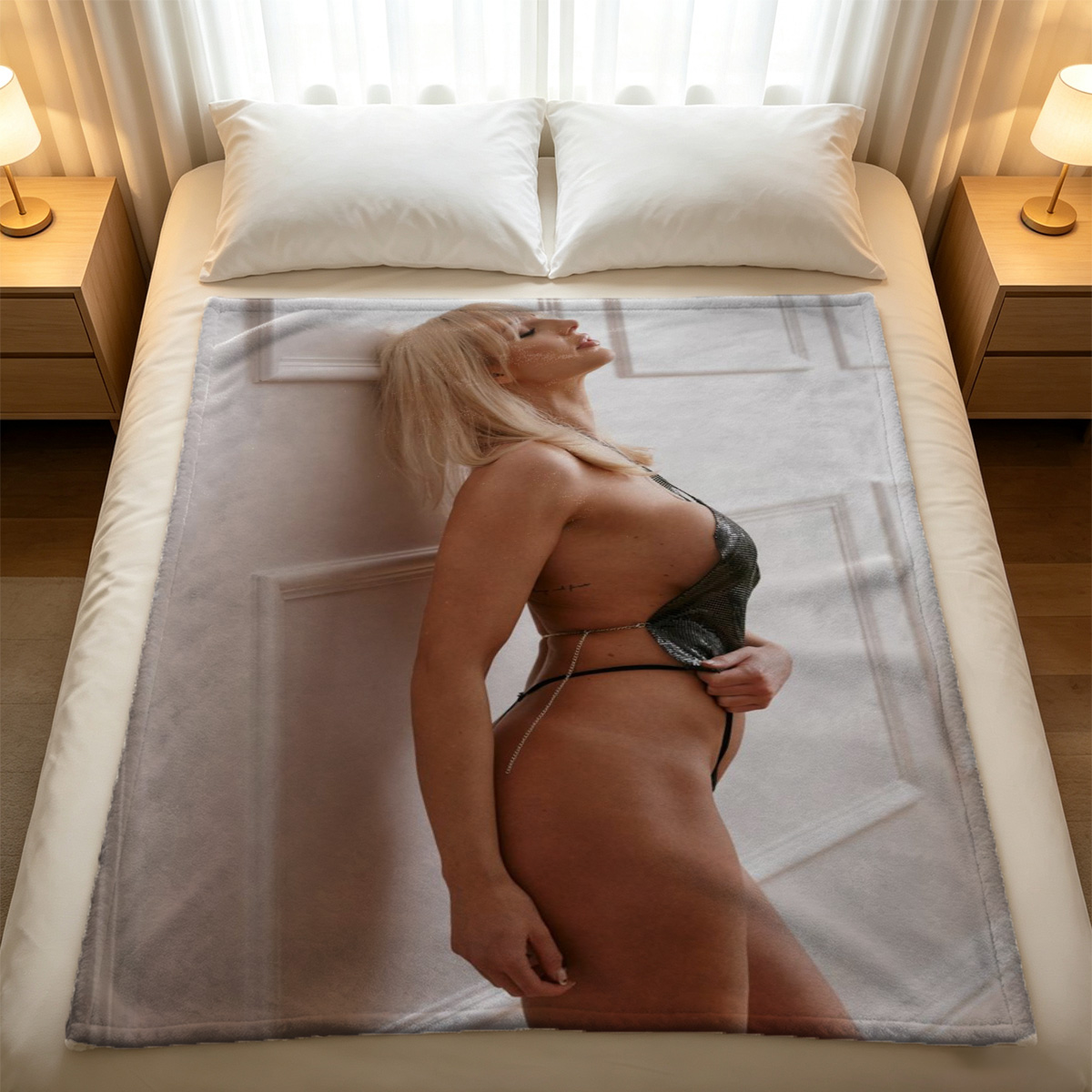 Two women kissing passionately, one topless with ponytail, the other in white lace lingerie. - Blanket