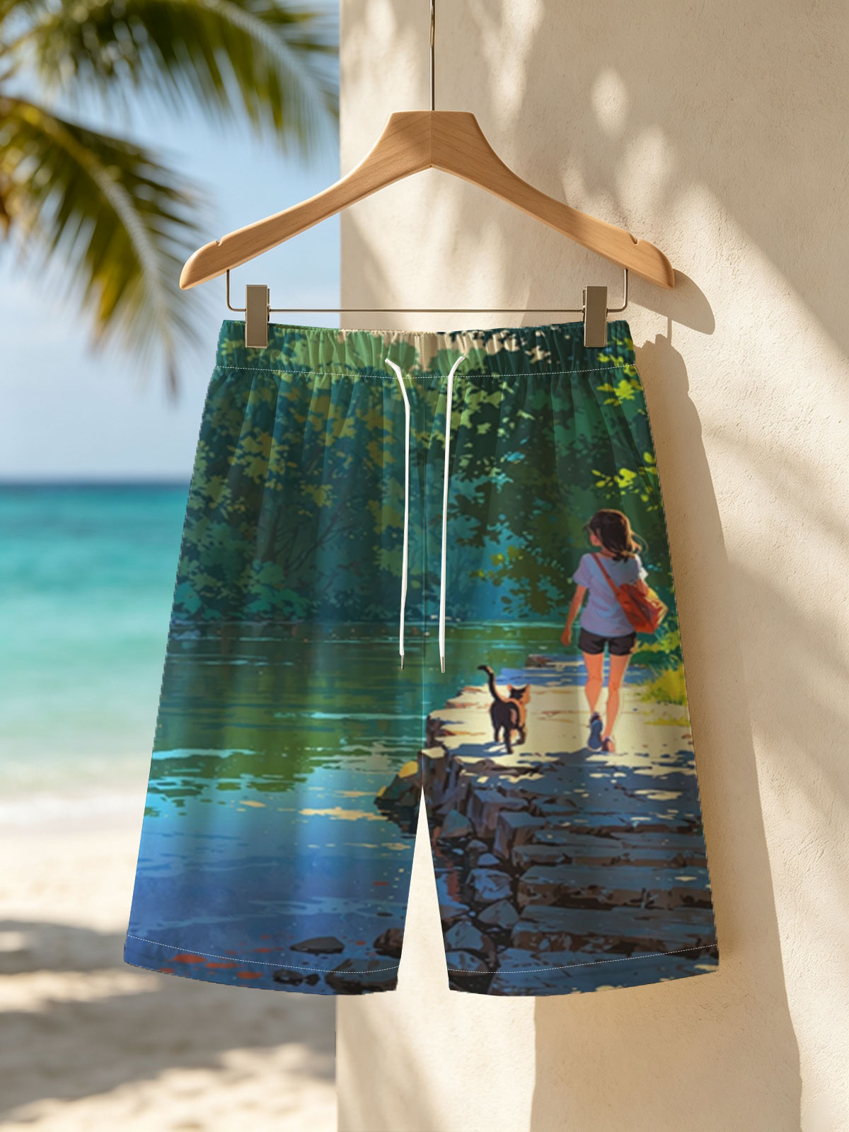 Girl and cat walking by a serene lakeside path -  Beach shorts