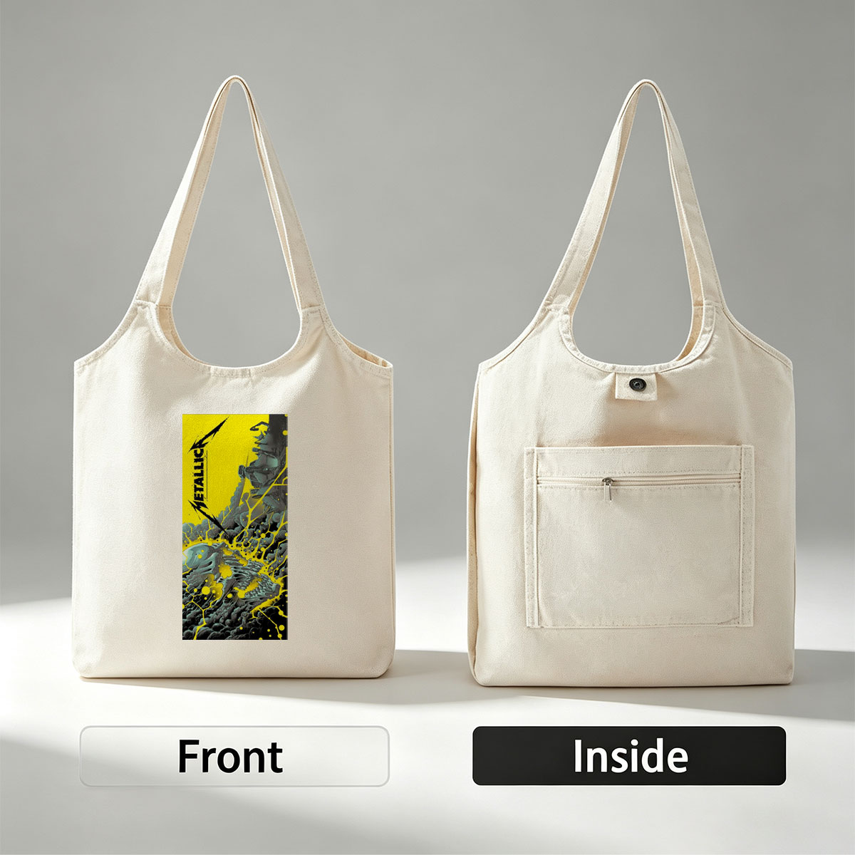 Metallica Band in Explosive Comic-Style Scene with Electric Yellow and Black Mechanical Chaos - Canvas shoulder bags/