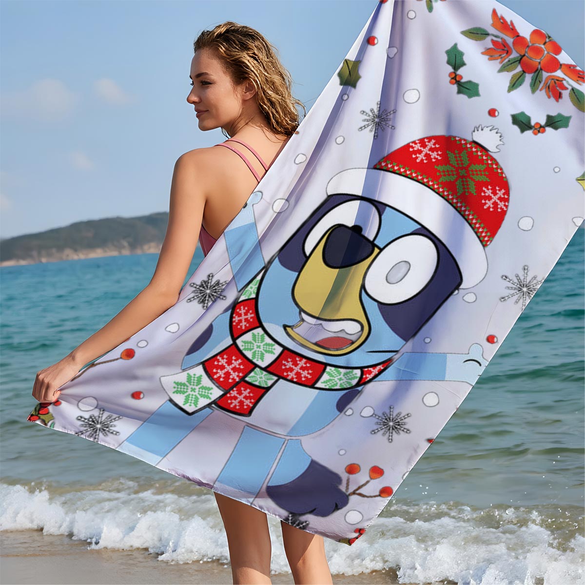 Bluey in Christmas Hat and Scarf, Festive Holiday Scene - Beach towels