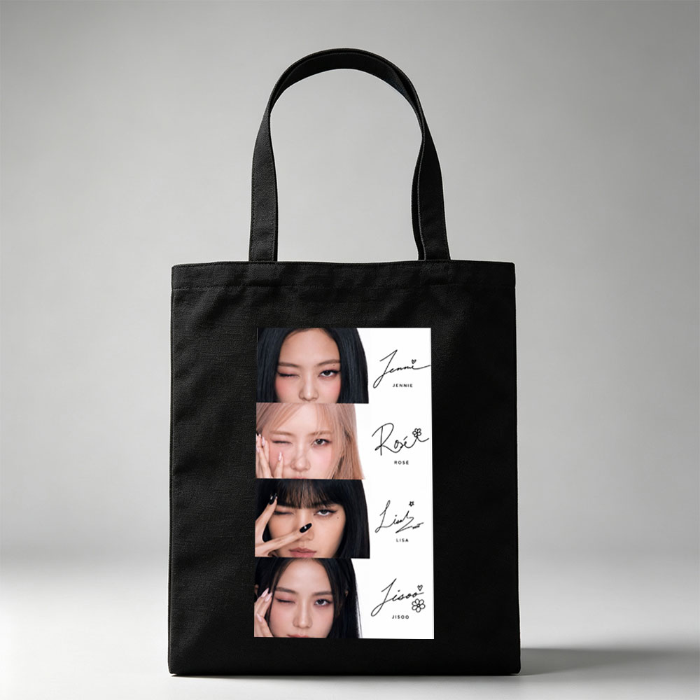 BLACKPINK Members Close-Up Portraits with Signature Names and Emojis - Canvas tote bags