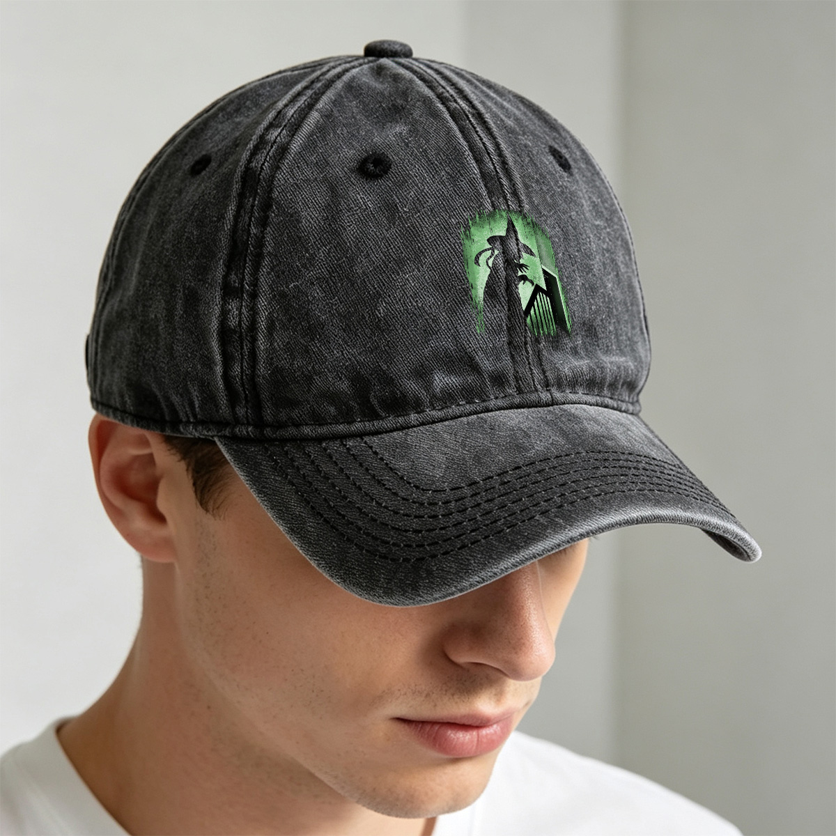 Witch Silhouette in Green Glow - Washed Denim - Baseball Cap