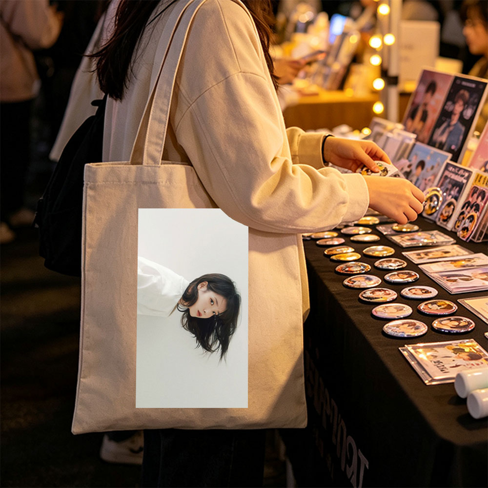 IU in a Minimalist Portrait with Soft Lighting and Neutral Background - Canvas tote bags