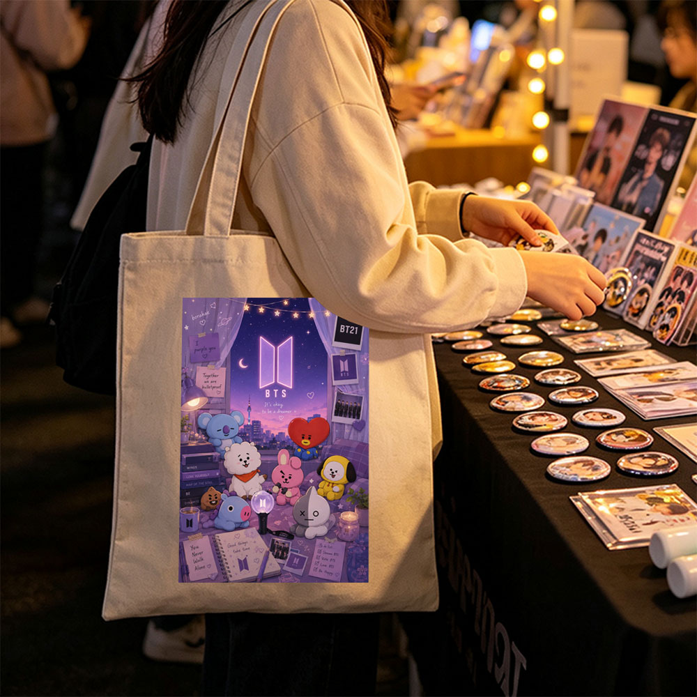 BTS BT21 Characters in a Cozy Room with City View and Dreamy Night Sky Decor - Canvas tote bags