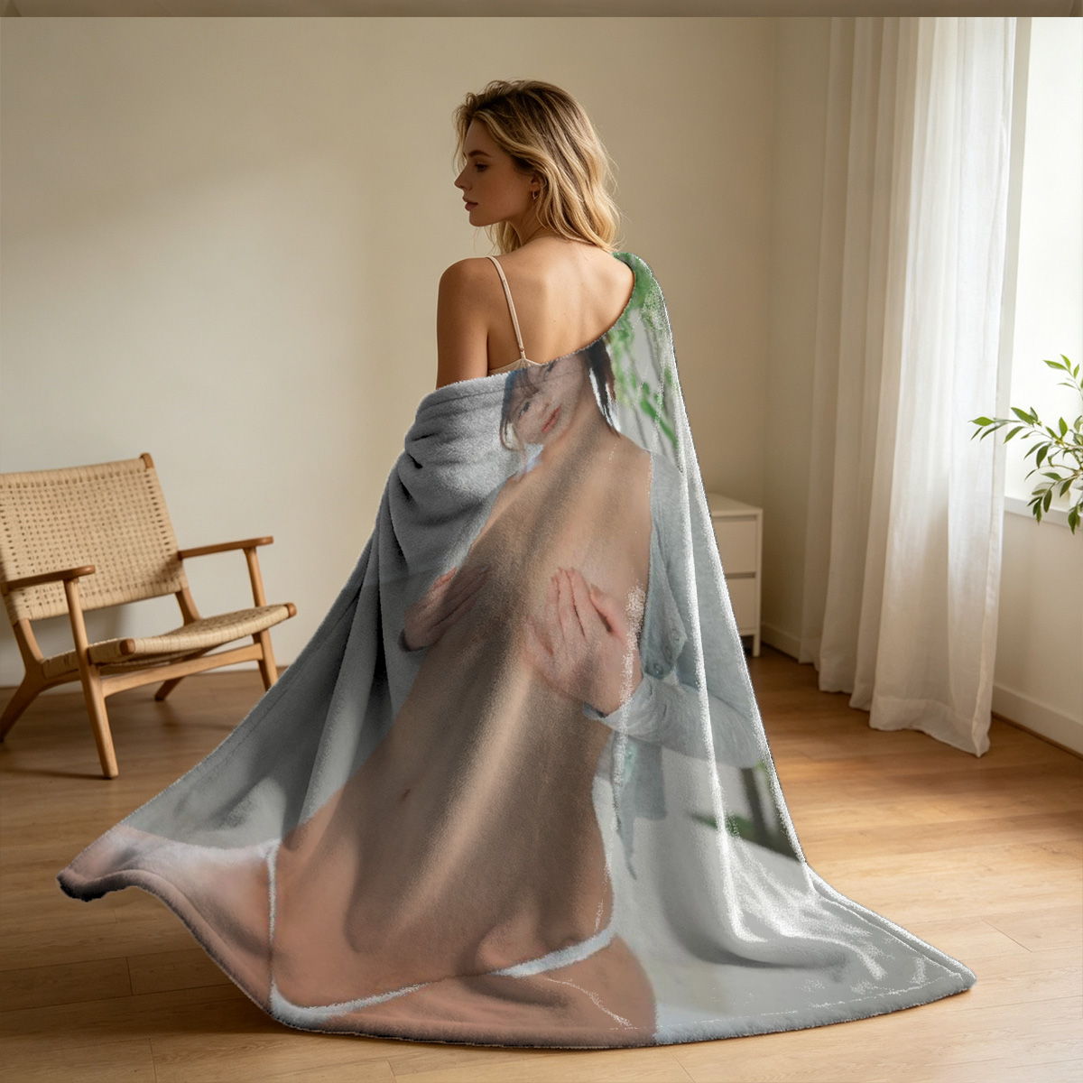 Maid in Black Latex Gloves Leaning on Window - Blanket